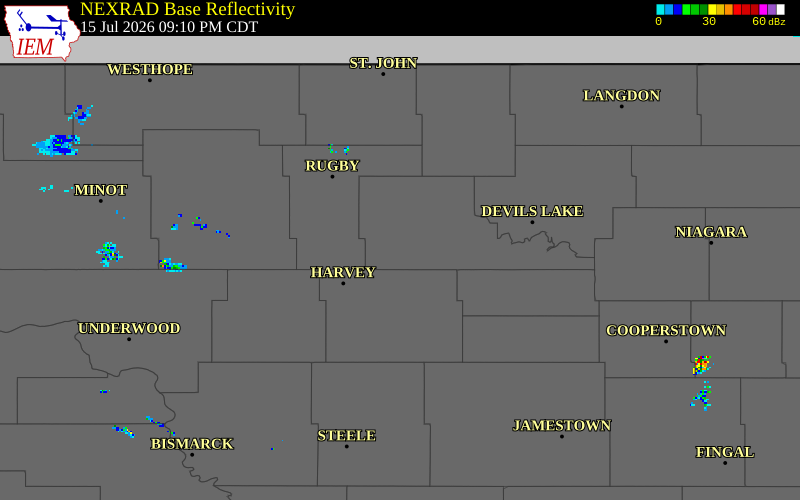 NEXRAD radar during the Wednesday, July 15, 2026 storm activity in Benson County, North Dakota