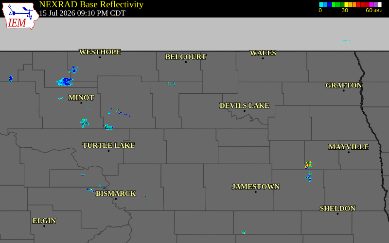 Radar snapshot during the Jul 15, 2026 tornado event near 4 W Maddock, Benson County, North Dakota, with NWS warning polygons