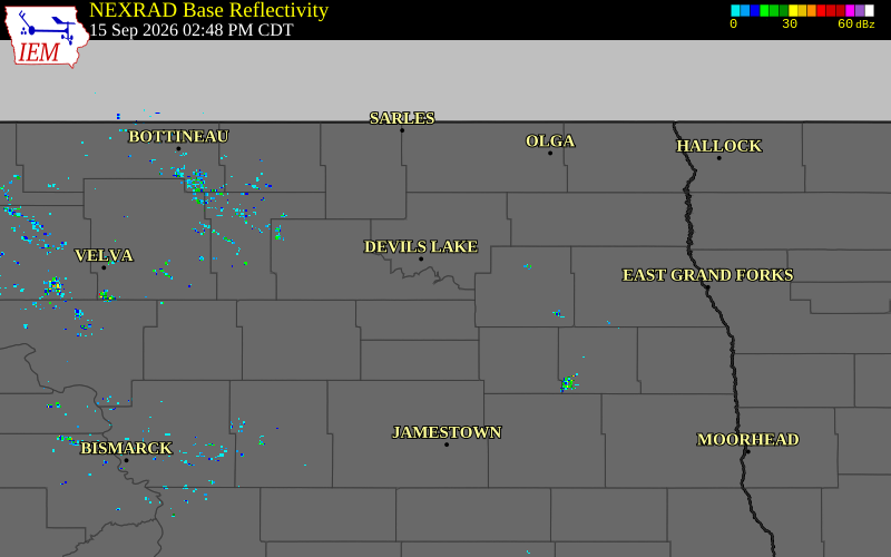 Current NEXRAD radar over Benson County, North Dakota with recent storm report locations