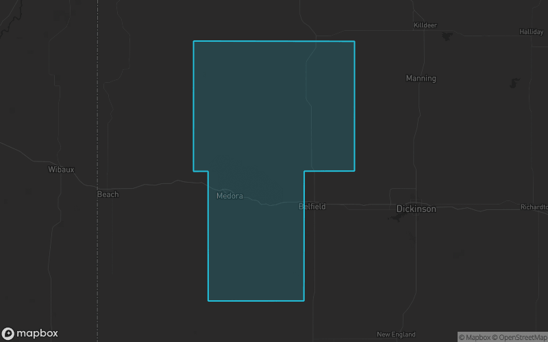 Map of Billings County, North Dakota showing the county boundary and surrounding cities