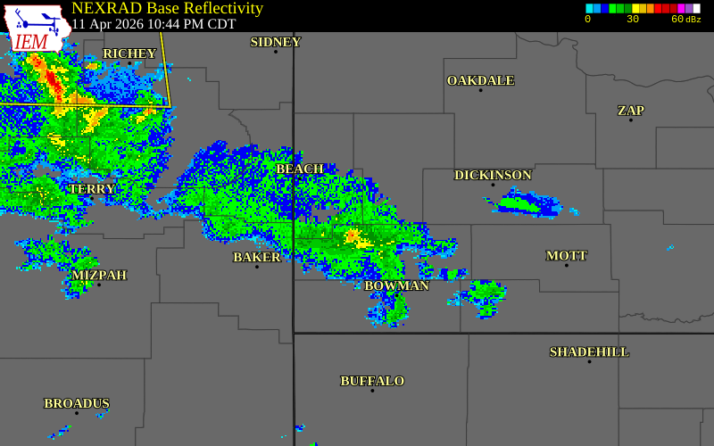 NEXRAD radar during the Saturday, April 11, 2026 storm activity in Billings County, North Dakota
