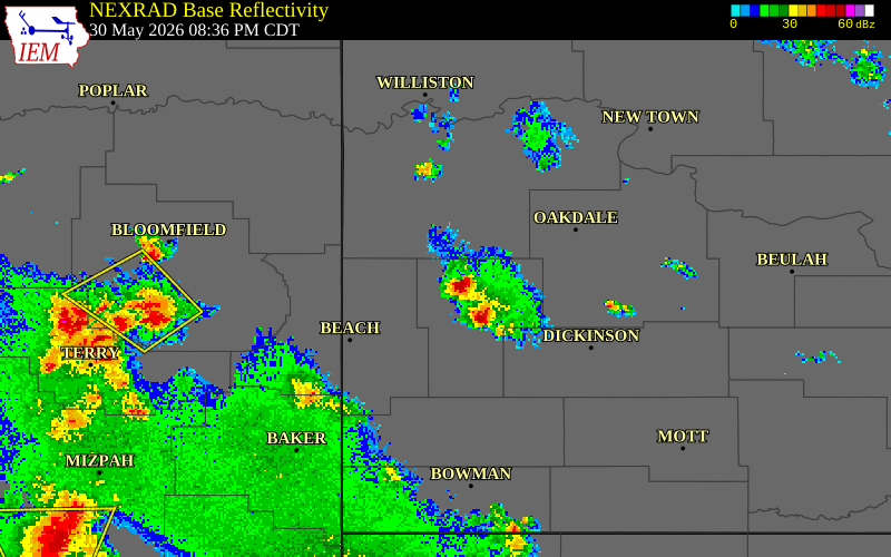 NEXRAD radar during the Saturday, May 30, 2026 storm activity in Billings County, North Dakota