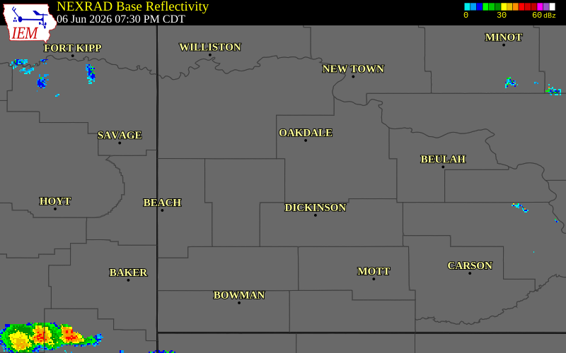 NEXRAD radar during the Saturday, June 6, 2026 storm activity in Billings County, North Dakota