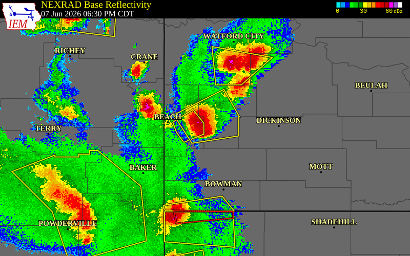 NEXRAD radar during the Sunday, June 7, 2026 storm activity in Billings County, North Dakota