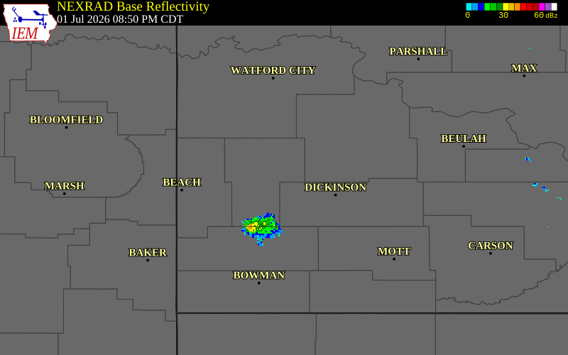 NEXRAD radar during the Wednesday, July 1, 2026 storm activity in Billings County, North Dakota