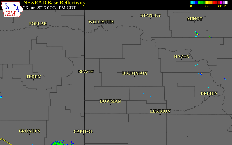 Radar snapshot during the Jun 26, 2026 tornado event near 7 NNW Belfield, Billings County, North Dakota, with NWS warning polygons