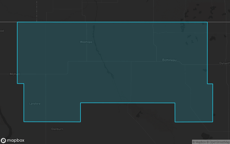 Map of Bottineau County, North Dakota showing the county boundary and surrounding cities