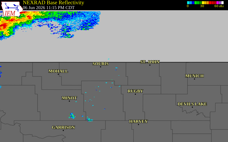 NEXRAD radar during the Saturday, June 6, 2026 storm activity in Bottineau County, North Dakota