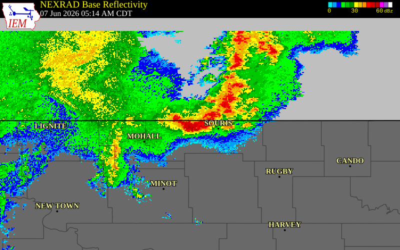 NEXRAD radar during the Sunday, June 7, 2026 storm activity in Bottineau County, North Dakota