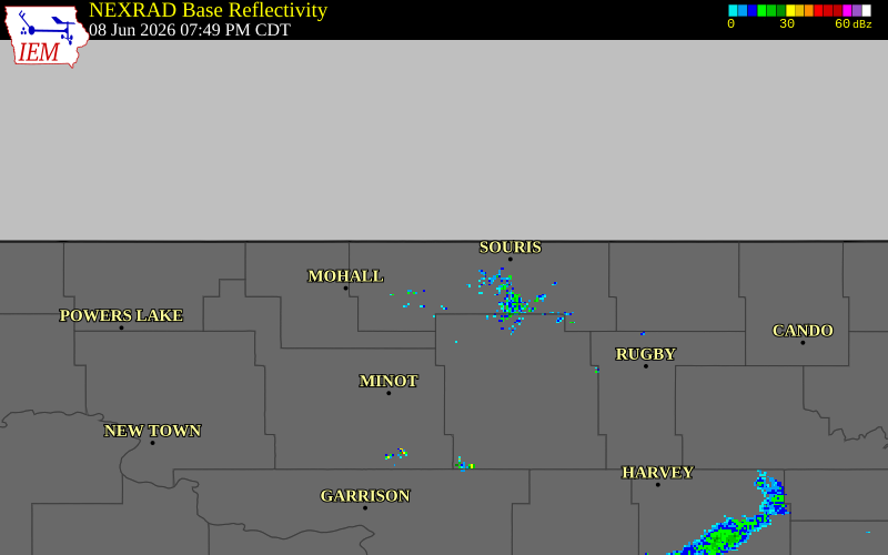 NEXRAD radar during the Monday, June 8, 2026 storm activity in Bottineau County, North Dakota