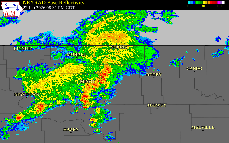 NEXRAD radar during the Monday, June 22, 2026 storm activity in Bottineau County, North Dakota