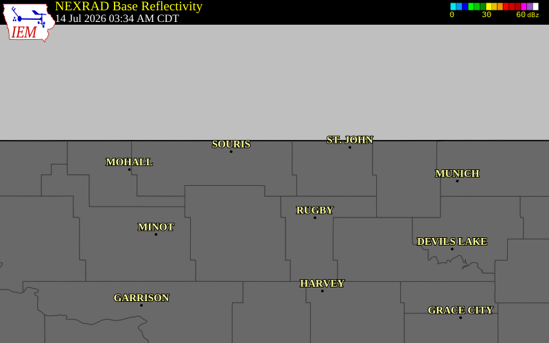 NEXRAD radar during the Tuesday, July 14, 2026 storm activity in Bottineau County, North Dakota
