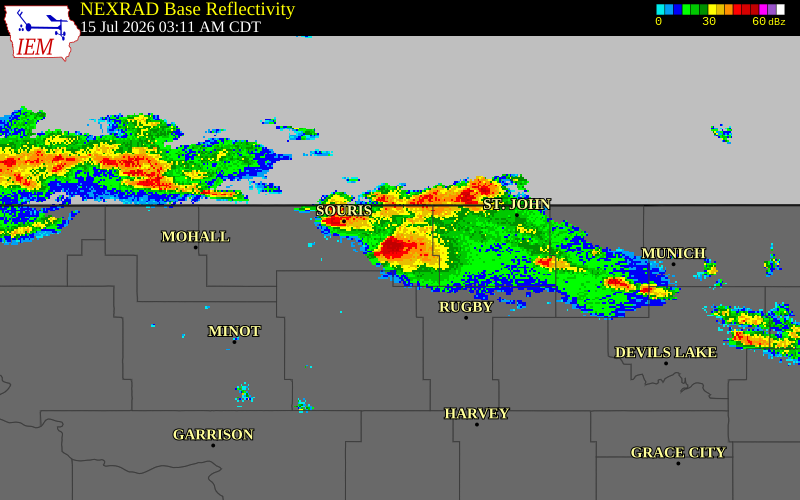 NEXRAD radar during the Wednesday, July 15, 2026 storm activity in Bottineau County, North Dakota
