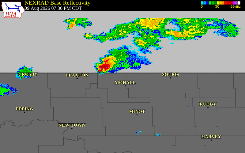 NEXRAD radar during the Sunday, August 9, 2026 storm activity in Bottineau County, North Dakota