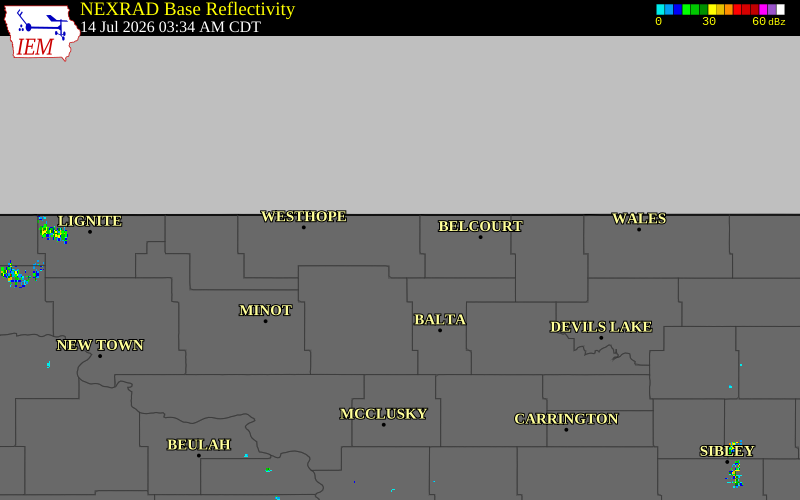 Radar snapshot during the Jul 14, 2026 hail event near 3 NNE Omemee, Bottineau County, North Dakota, with NWS warning polygons