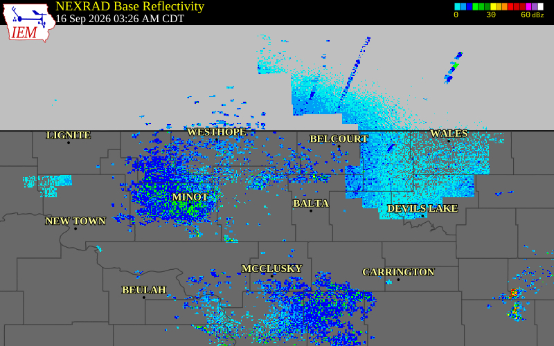 Current NEXRAD radar over Bottineau County, North Dakota with recent storm report locations