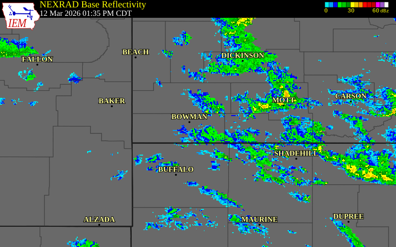 NEXRAD radar during the Thursday, March 12, 2026 storm activity in Bowman County, North Dakota