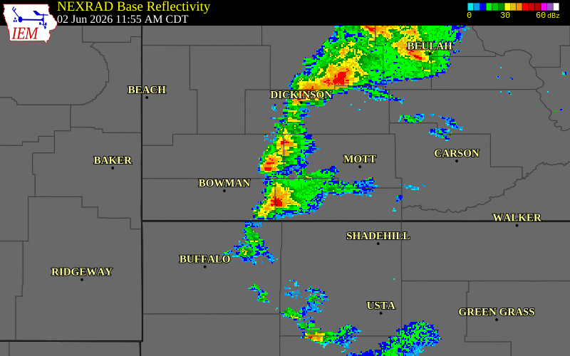 NEXRAD radar during the Tuesday, June 2, 2026 storm activity in Bowman County, North Dakota