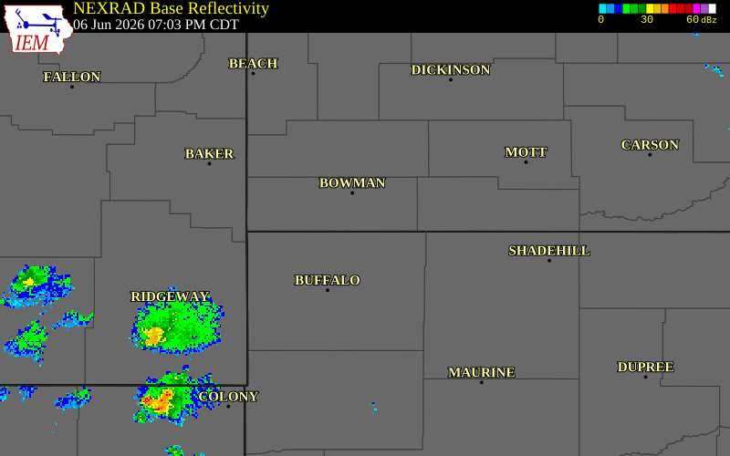 NEXRAD radar during the Saturday, June 6, 2026 storm activity in Bowman County, North Dakota