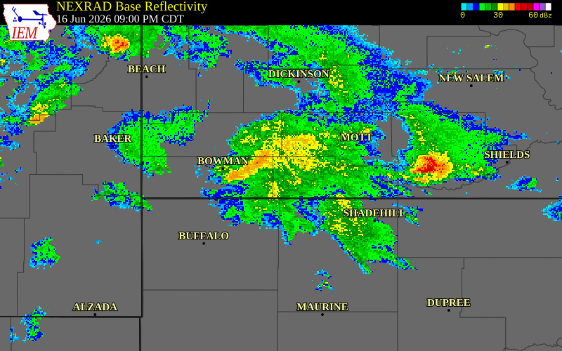 NEXRAD radar during the Tuesday, June 16, 2026 storm activity in Bowman County, North Dakota