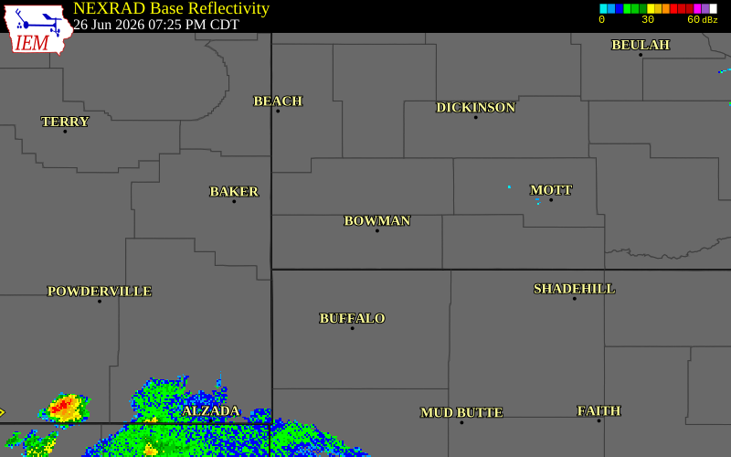 NEXRAD radar during the Friday, June 26, 2026 storm activity in Bowman County, North Dakota