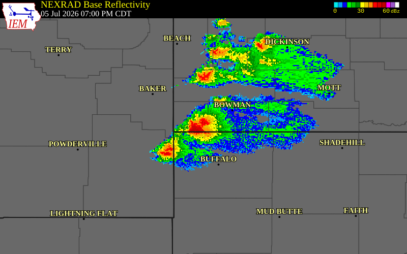 NEXRAD radar during the Sunday, July 5, 2026 storm activity in Bowman County, North Dakota