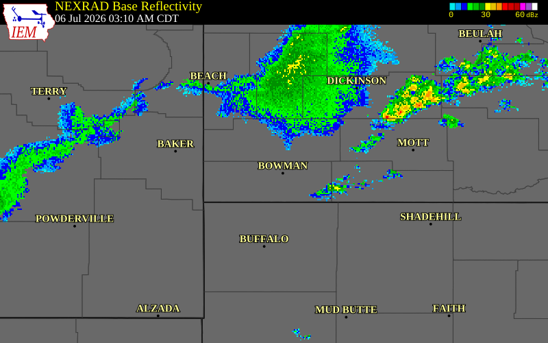 NEXRAD radar during the Monday, July 6, 2026 storm activity in Bowman County, North Dakota