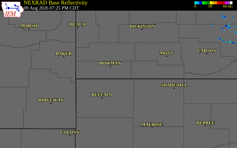 NEXRAD radar during the Sunday, August 9, 2026 storm activity in Bowman County, North Dakota