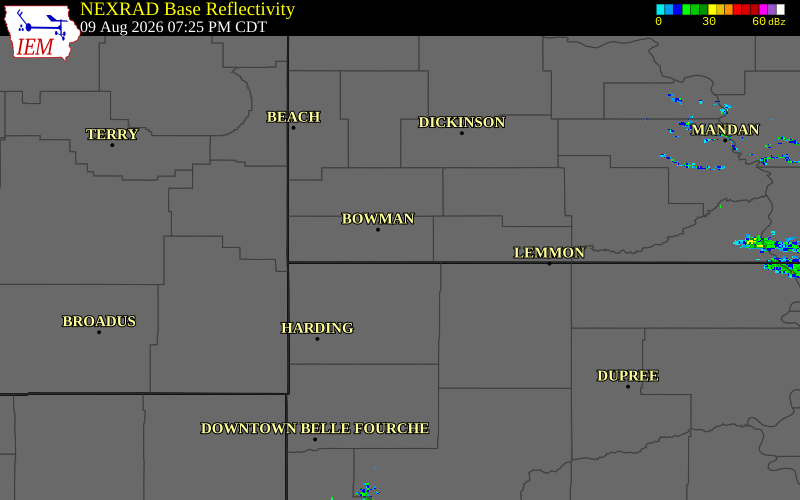 Radar snapshot during the Aug 9, 2026 hail event near 4 N Bowman Haley Dam, Bowman County, North Dakota, with NWS warning polygons