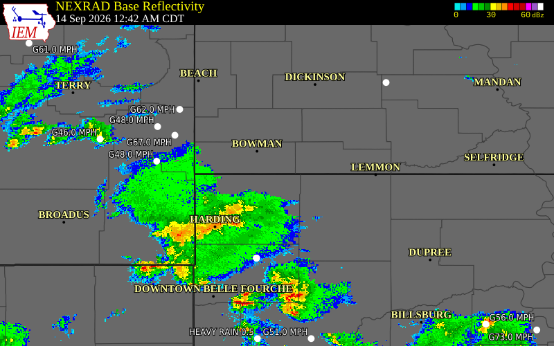 Current NEXRAD radar over Bowman County, North Dakota with recent storm report locations