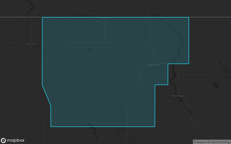 Map of Burke County, North Dakota showing the county boundary and surrounding cities