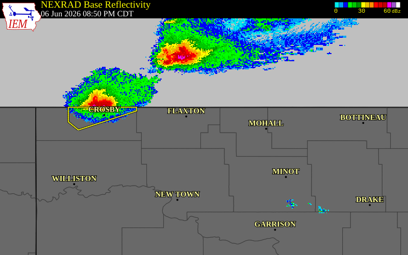 NEXRAD radar during the Saturday, June 6, 2026 storm activity in Burke County, North Dakota