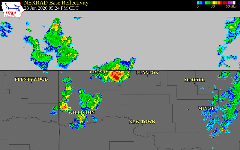NEXRAD radar during the Sunday, June 28, 2026 storm activity in Burke County, North Dakota