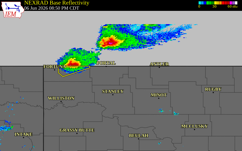 Radar snapshot during the Jun 6, 2026 tornado event near 3 SE Bowbells, Burke County, North Dakota, with NWS warning polygons