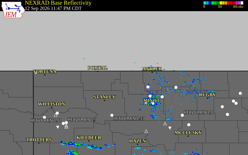 Current NEXRAD radar over Burke County, North Dakota with recent storm report locations