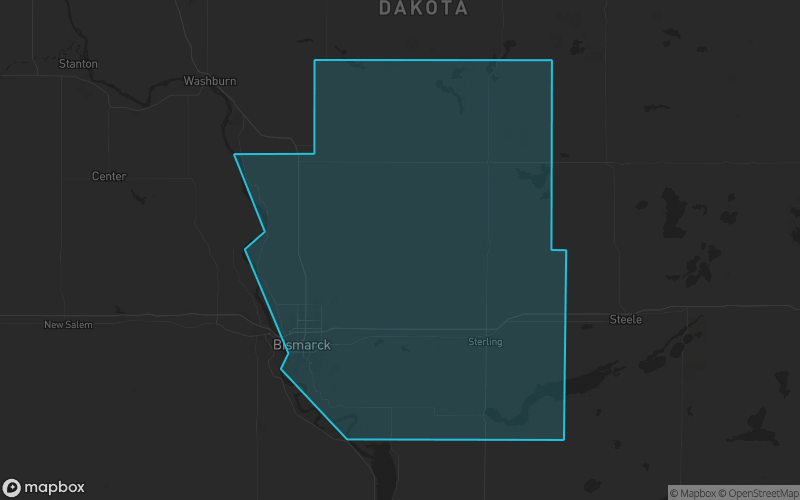 Map of Burleigh County, North Dakota showing the county boundary and surrounding cities
