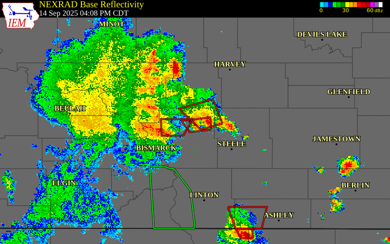 NEXRAD radar during the Sunday, September 14, 2025 storm activity in Burleigh County, North Dakota