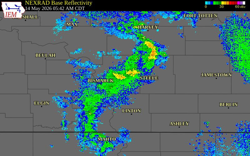 NEXRAD radar during the Thursday, May 14, 2026 storm activity in Burleigh County, North Dakota