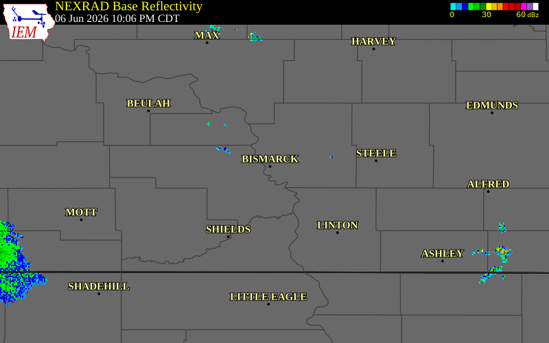 NEXRAD radar during the Saturday, June 6, 2026 storm activity in Burleigh County, North Dakota