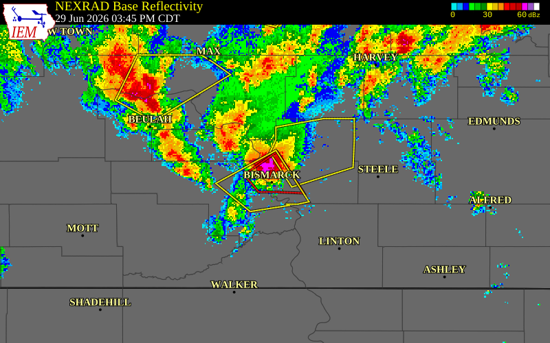 NEXRAD radar during the Monday, June 29, 2026 storm activity in Burleigh County, North Dakota
