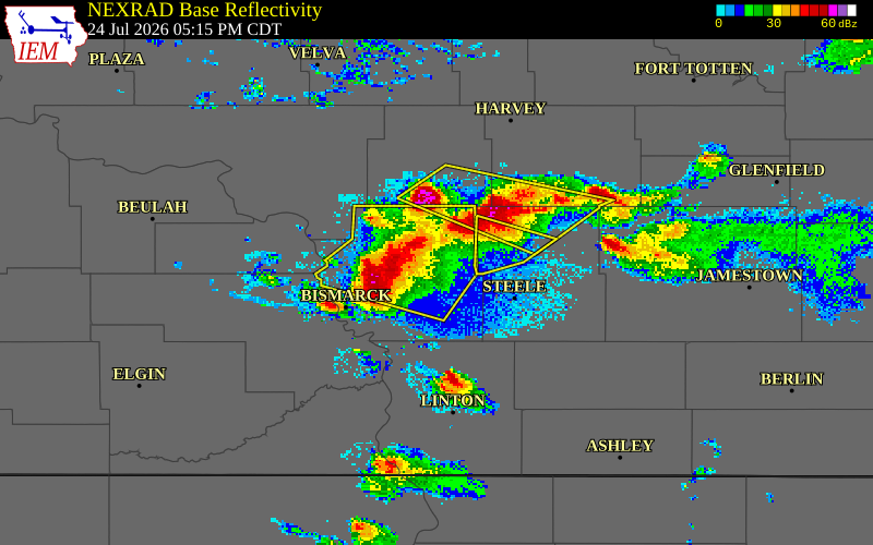NEXRAD radar during the Friday, July 24, 2026 storm activity in Burleigh County, North Dakota