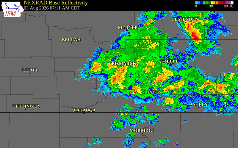 NEXRAD radar during the Monday, August 3, 2026 storm activity in Burleigh County, North Dakota