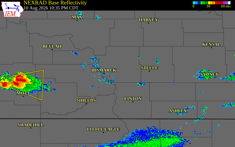 NEXRAD radar during the Monday, August 10, 2026 storm activity in Burleigh County, North Dakota