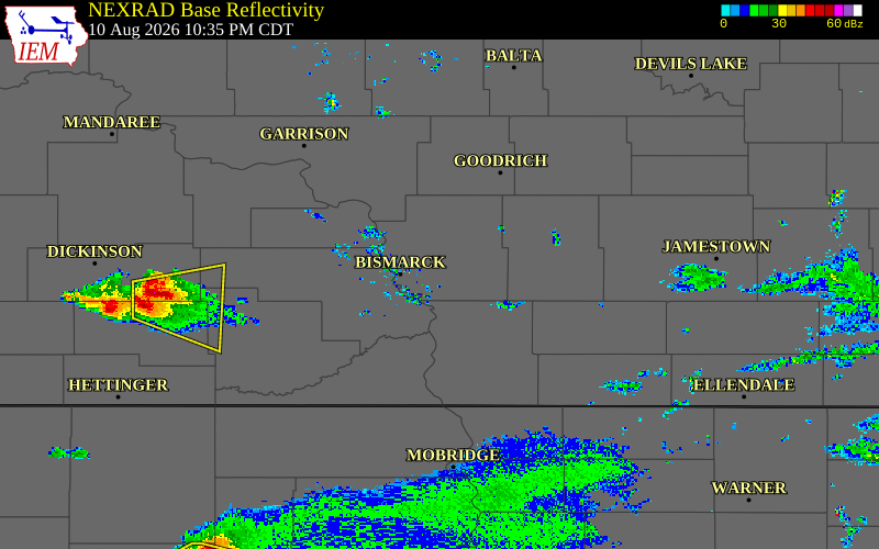 Radar snapshot during the Sep 14, 2025 tornado event near 3 NW Wing, Burleigh County, North Dakota, with NWS warning polygons