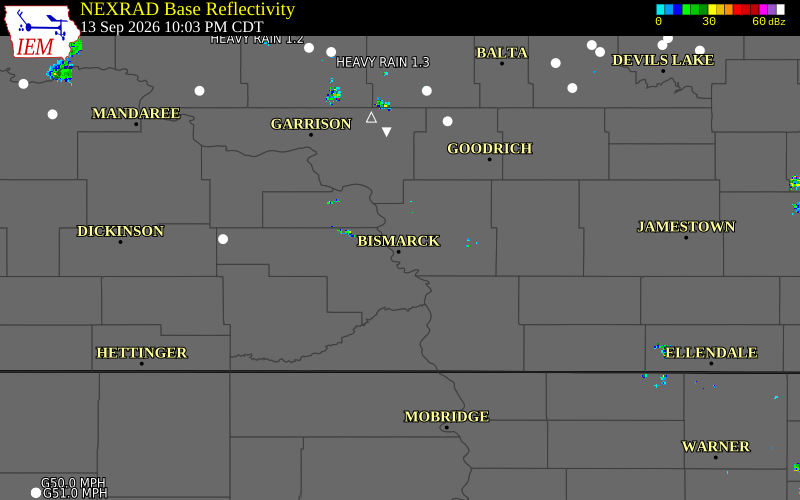 Current NEXRAD radar over Burleigh County, North Dakota with recent storm report locations