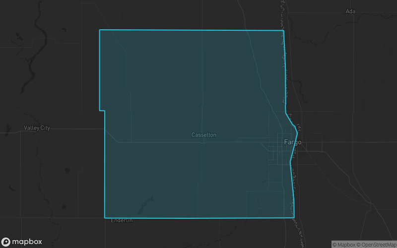 Map of Cass County, North Dakota showing the county boundary and surrounding cities