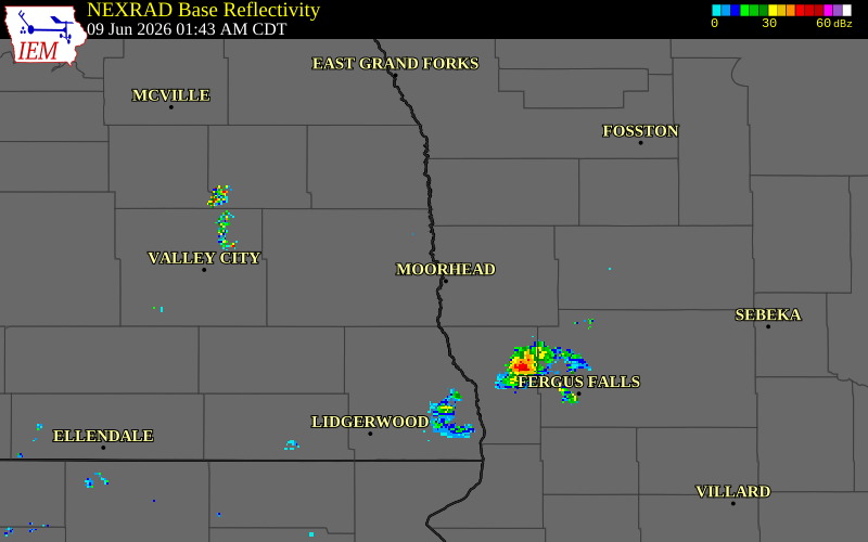 NEXRAD radar during the Tuesday, June 9, 2026 storm activity in Cass County, North Dakota