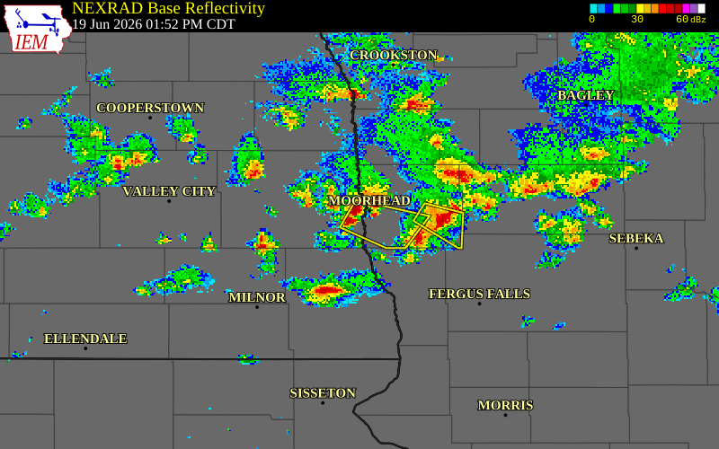 NEXRAD radar during the Friday, June 19, 2026 storm activity in Cass County, North Dakota