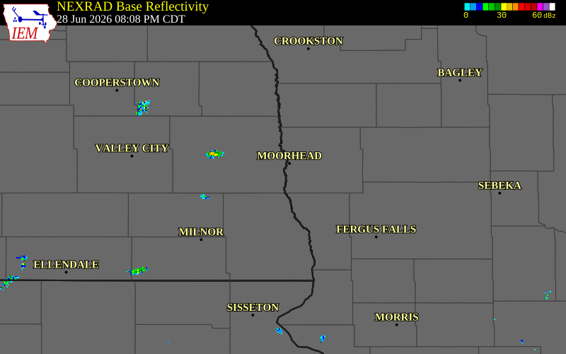 NEXRAD radar during the Sunday, June 28, 2026 storm activity in Cass County, North Dakota