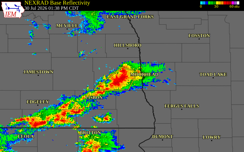 NEXRAD radar during the Thursday, July 30, 2026 storm activity in Cass County, North Dakota